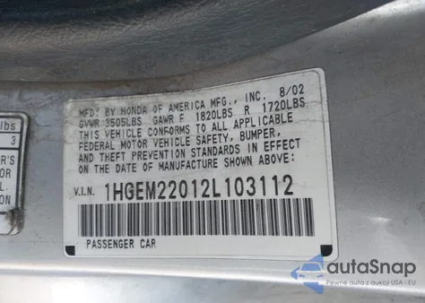 2002 Honda Civic Ex z USA, uszkodzony, nr VIN 1HGEM22012L103112